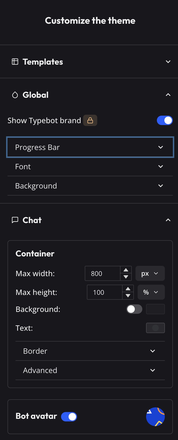 Typebot Theme Settings